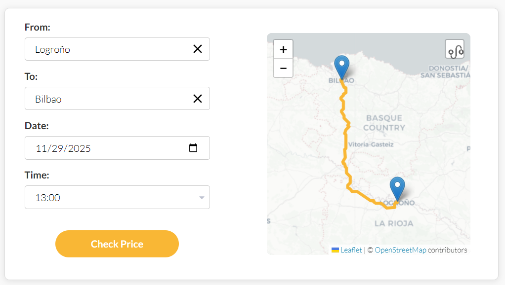 Taxi-Buchungssystem-Oberfläche mit Routenauswahlformular und interaktiver Karte mit Buchungsfunktionalität